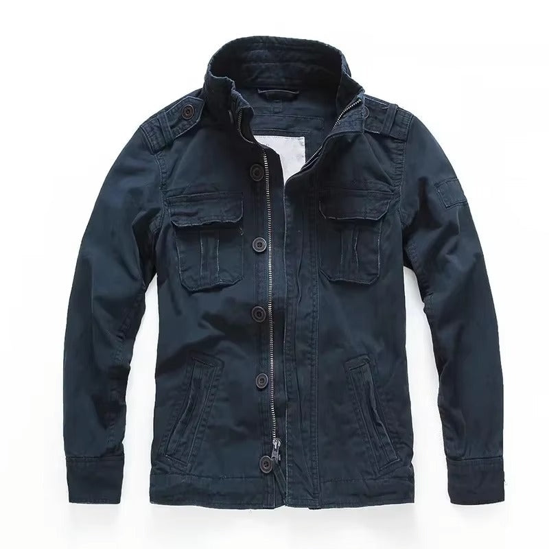 Men's M65 retro denim cargo jacket rugged military-style field coat with multiple utility pockets