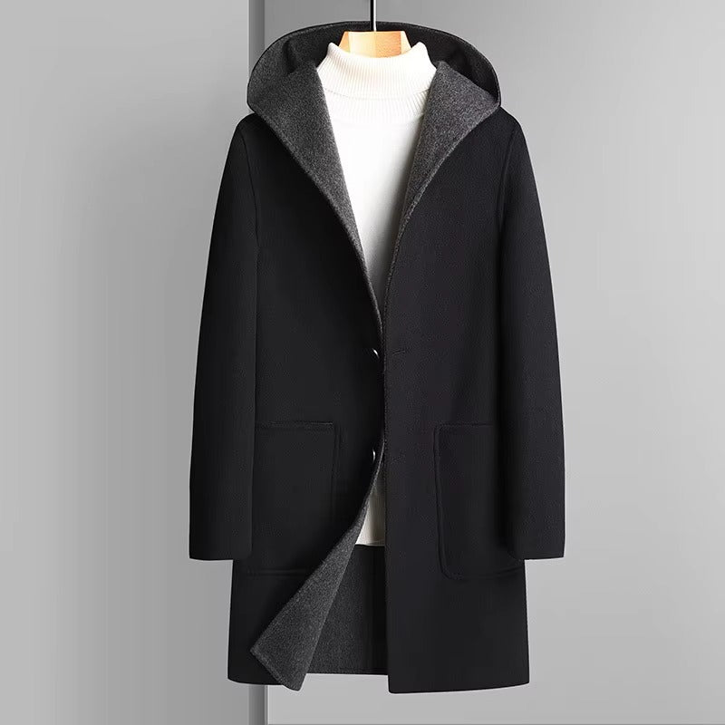 Men's reversible wool blend hooded trench coat two-tone dual-texture finish for modern urban style