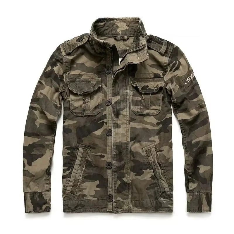 Men's M65 retro denim cargo jacket rugged military-style field coat with multiple utility pockets