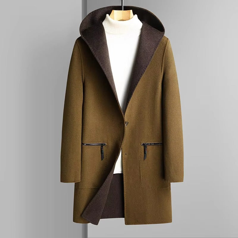 Men's reversible wool blend hooded trench coat dual-texture two-in-one design for modern urban style