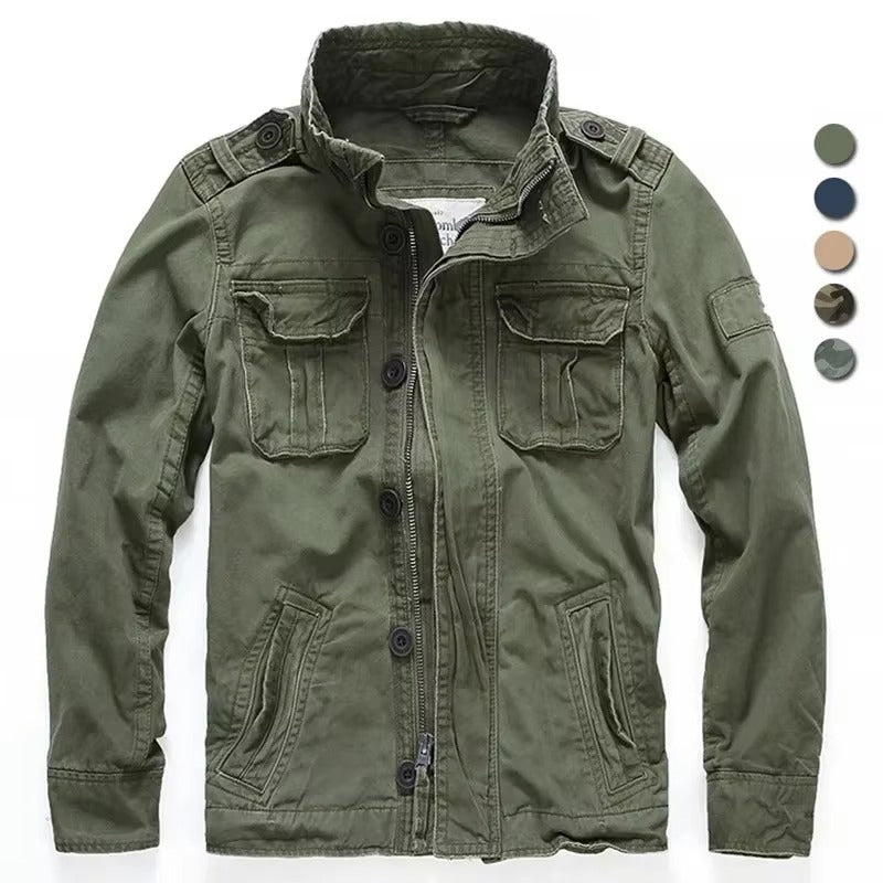 Men's M65 retro denim cargo jacket rugged military-style field coat with multiple utility pockets