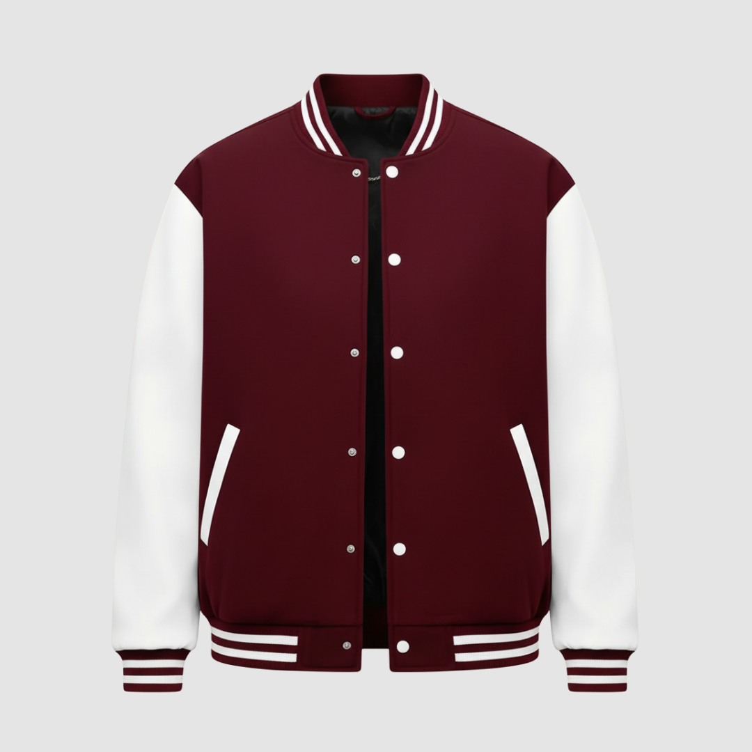 Two-tone varsity jacket unisex snap front ribbed trim white striped sleeves college style