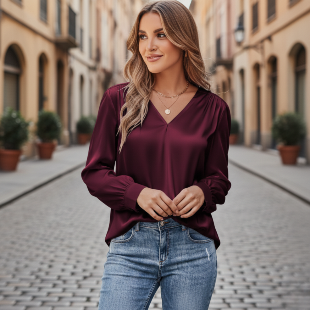 Women's satin long sleeve V-neck blouse, silky lightweight fabric with front closure for elegant office wear