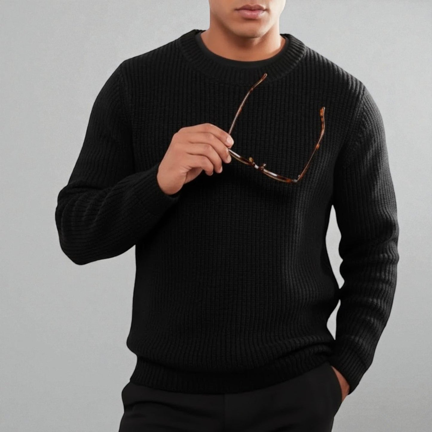 Men's wool knit crew neck sweater regular fit fine texture premium soft fabric winter warmth