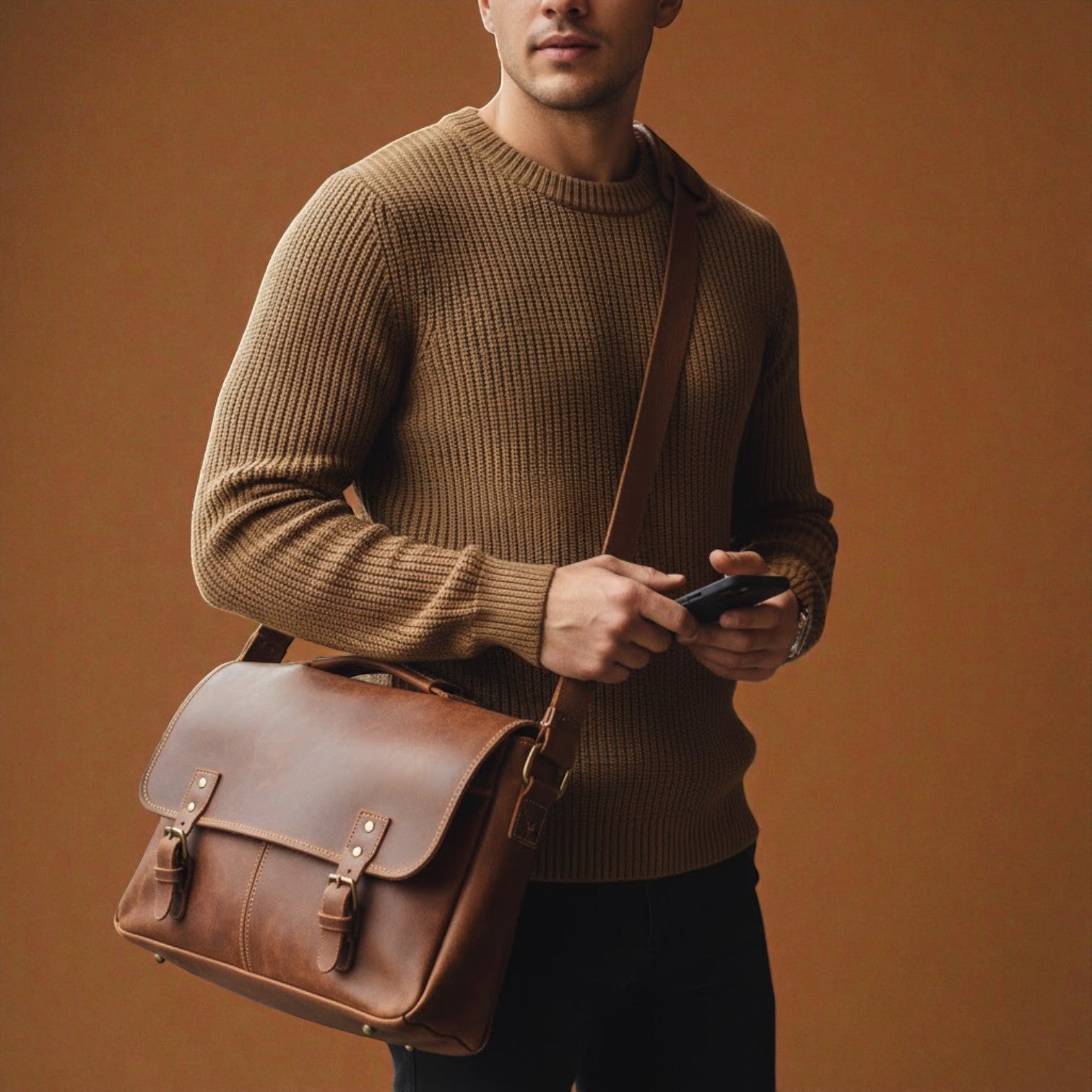 Men's wool knit crew neck sweater regular fit fine knit texture premium soft comfort winter