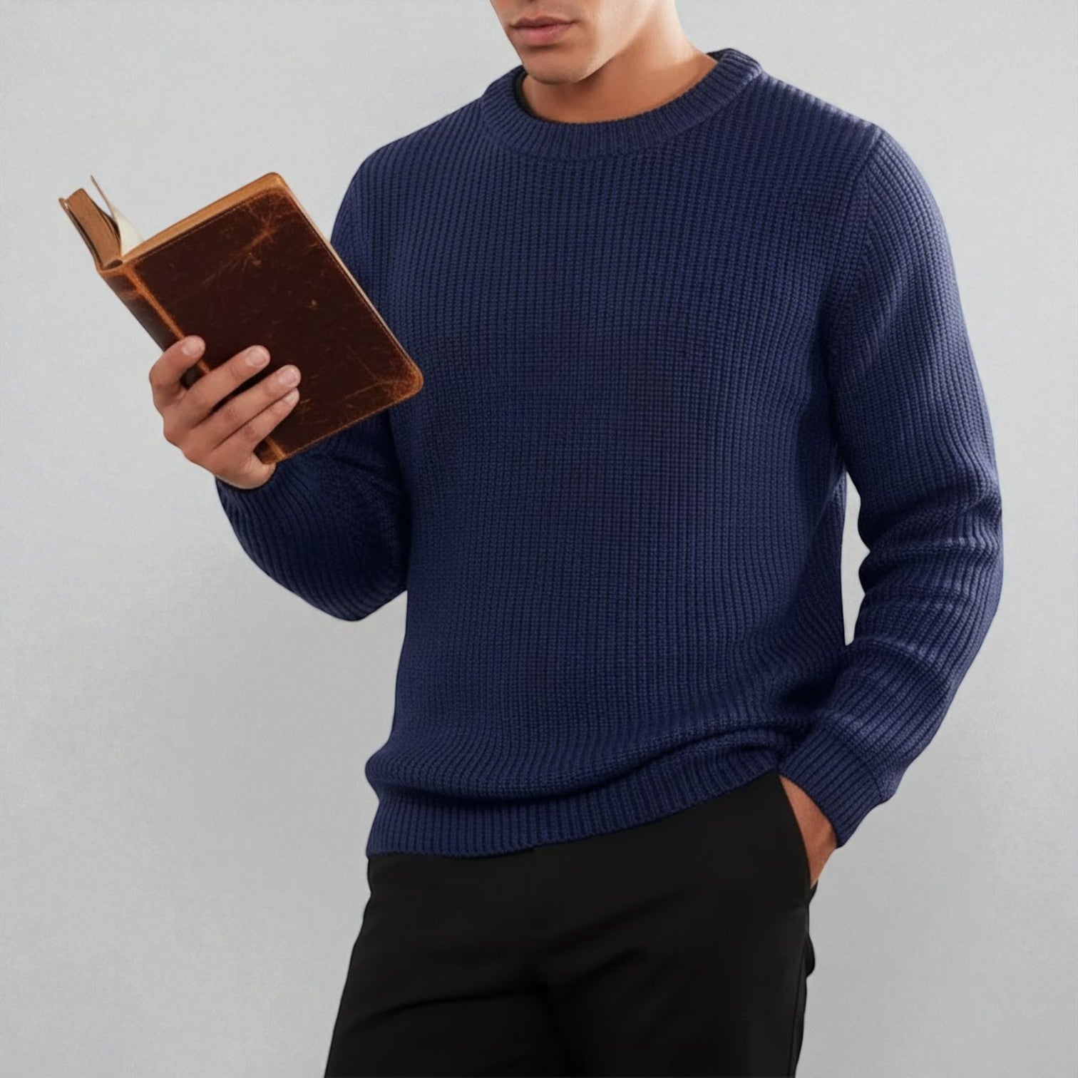 Men's wool knit crew neck sweater regular fit fine texture warm soft premium winter comfort