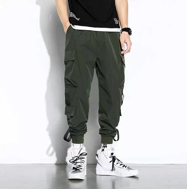 Men's wide-leg cargo pants streetwear hip hop style with rugged multi-pocket workwear design