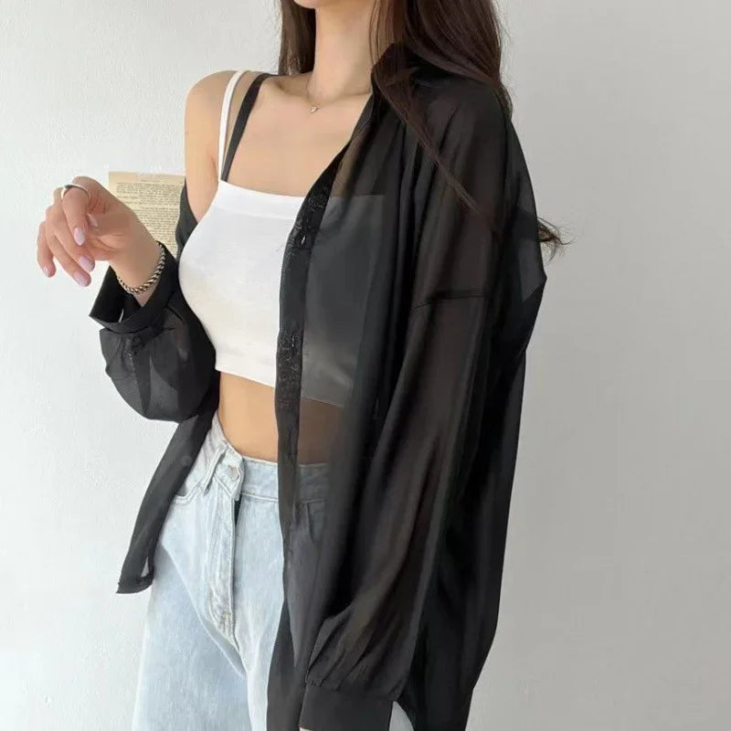 Women's sheer chiffon cardigan elegant flowy fit lightweight semi-transparent layering essential