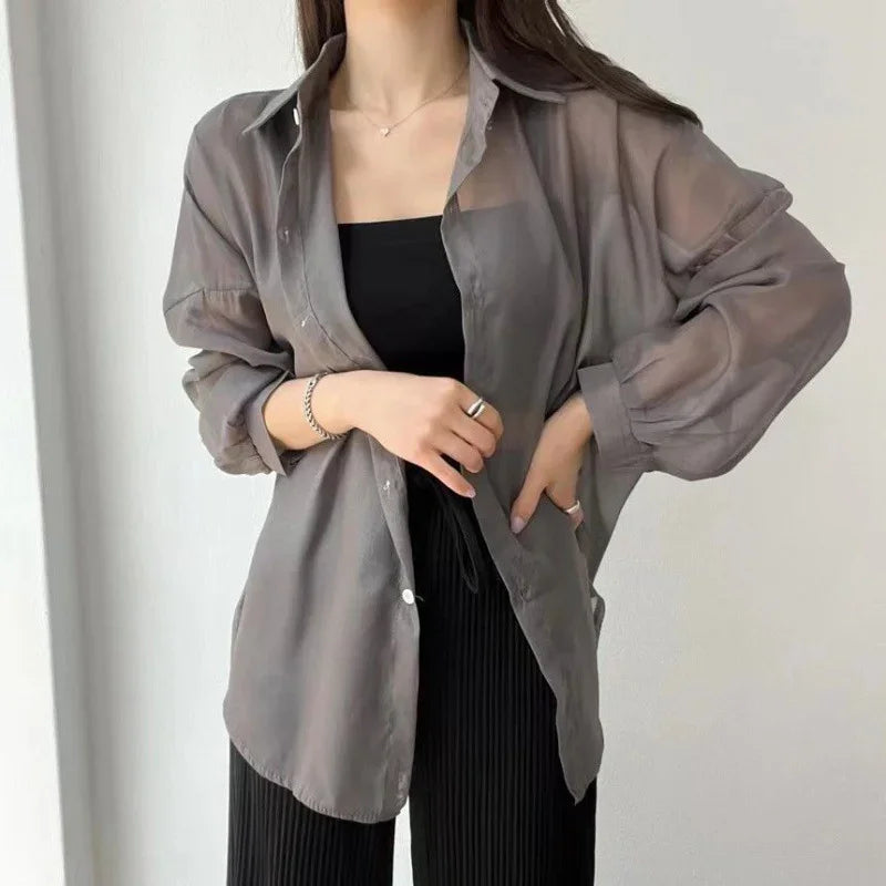 Women's sheer chiffon cardigan flowy loose fit lightweight semi-transparent elegant layering piece