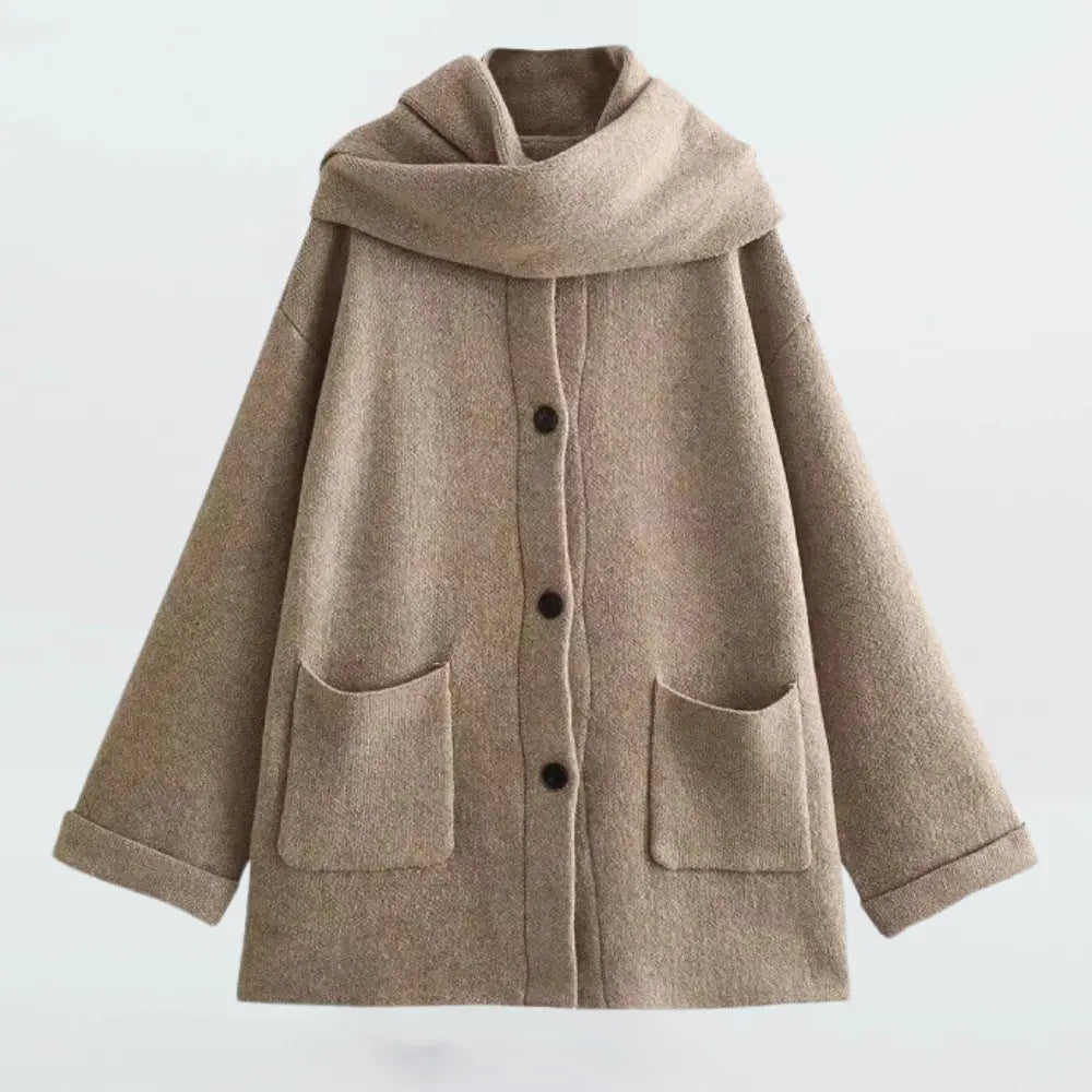Women's soft knitted cardigan with button closure and scarf, flattering everyday fit