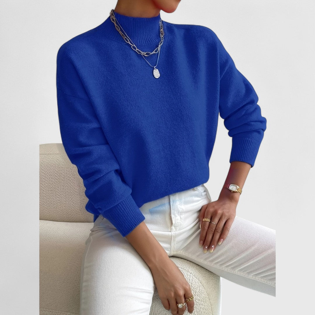 Women's beige turtleneck knit sweater slim professional fit ribbed collar soft all-day comfort