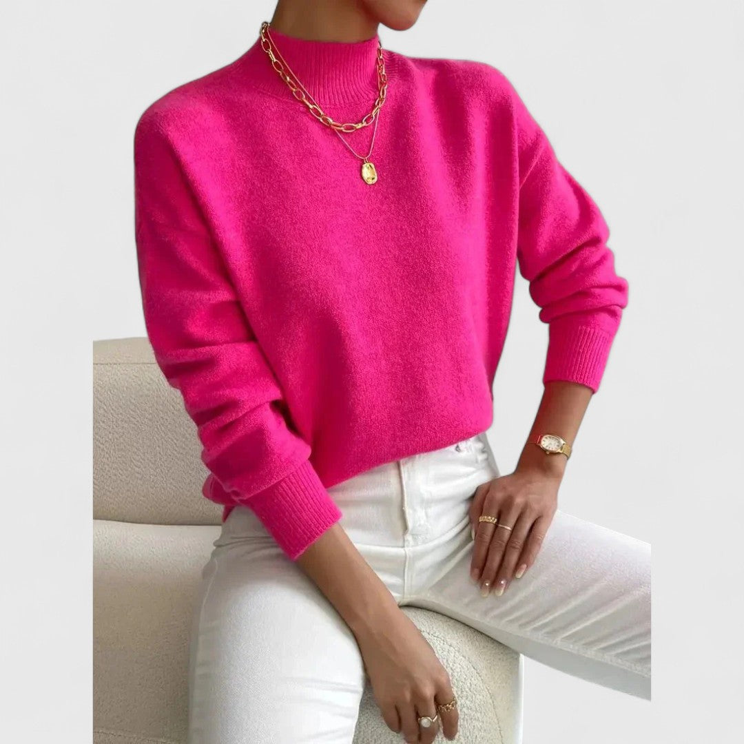 Women's beige turtleneck knit sweater, slim professional fit with smooth ribbed texture