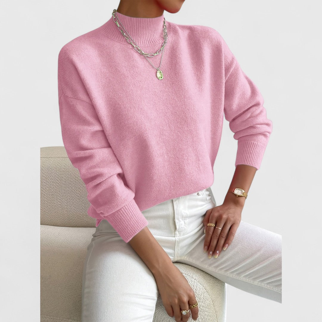 Women's cream turtleneck knit sweater slim fit ribbed cuffs soft all-day office wear