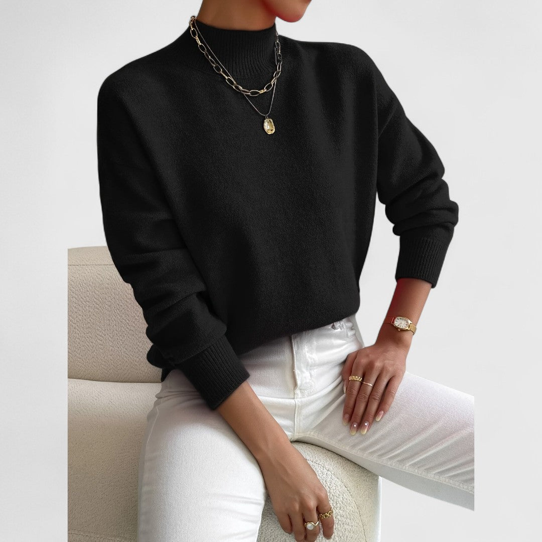 Women's cream turtleneck knit sweater, slim professional fit with smooth ribbed texture