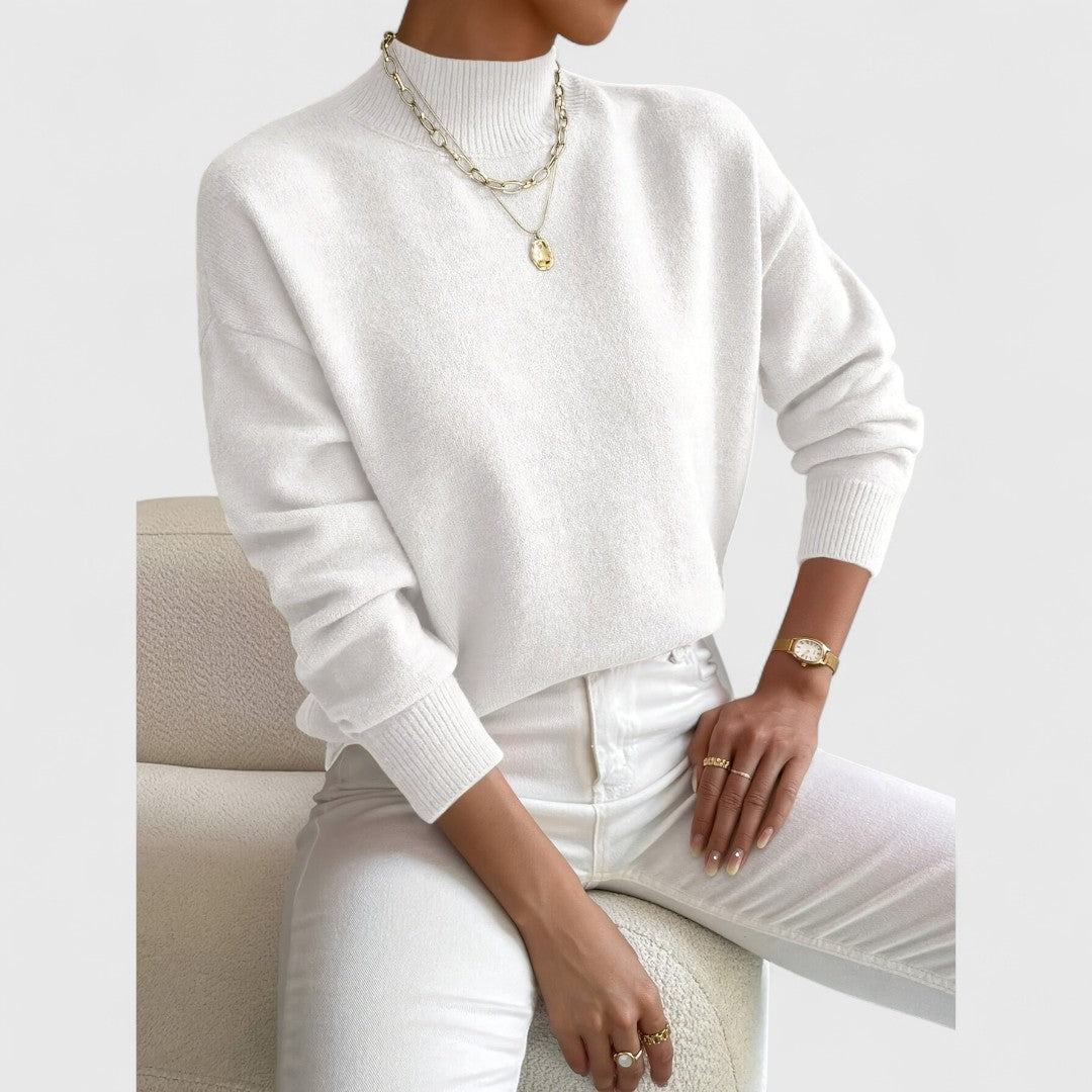 Women's cream turtleneck ribbed knit sweater, slim professional fit with smooth soft texture