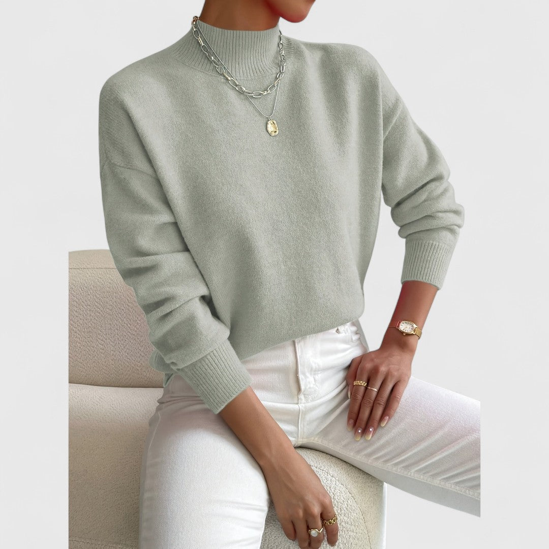 Women's ivory turtleneck knit sweater slim fit ribbed cuffs soft office wear