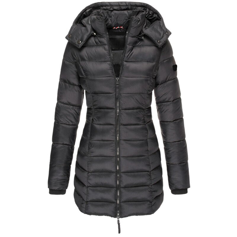 Women's lightweight down jacket with hood, zip closure, slim silhouette for autumn winter warmth