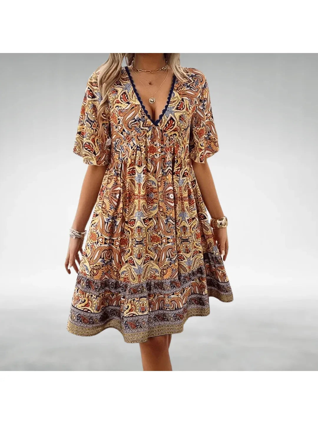 Marielle boho swing dress flowy silhouette V-neck empire waist casual summer women outfit