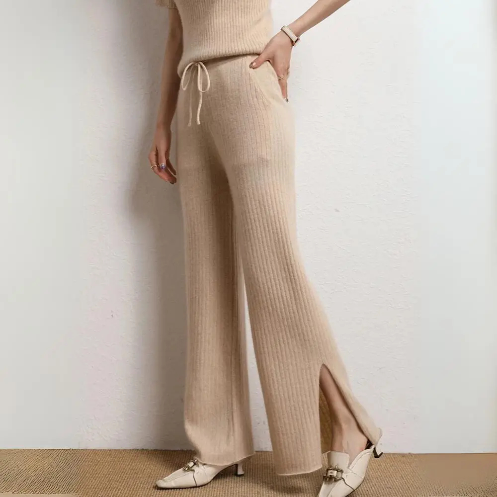 Women's wide-leg cashmere pants soft warm relaxed silhouette 100% cashmere everyday luxury