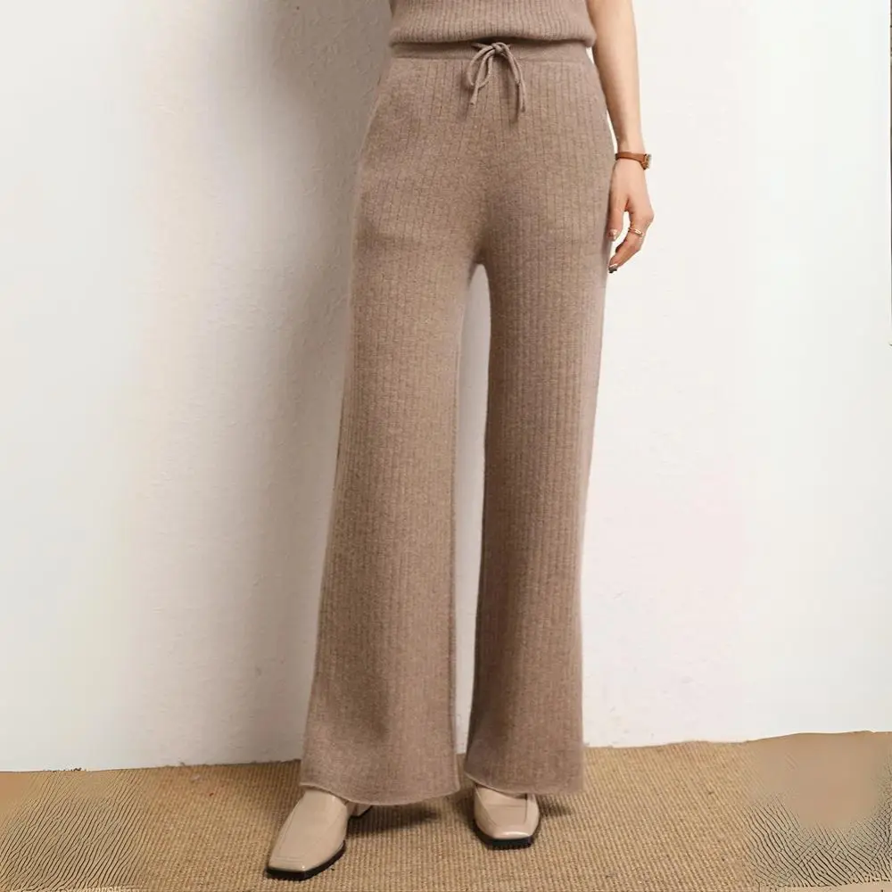 Women's wide-leg cashmere pants soft warm relaxed silhouette in neutral everyday luxury fit