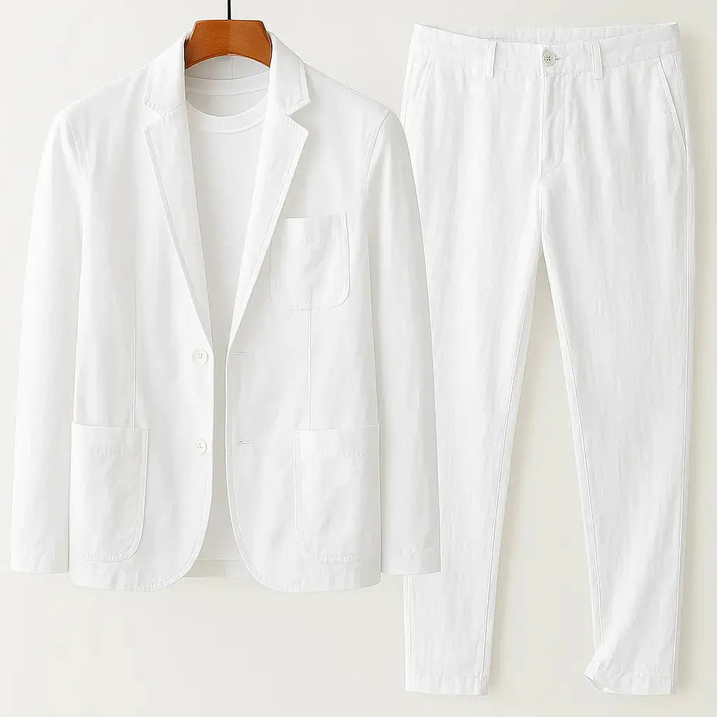 Marino navy cotton-blend unstructured lounge suit two-piece blazer trousers patch pockets Italian style