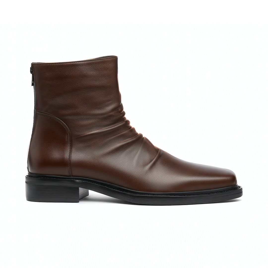 Men's black calfskin leather square toe crease boot with structured city-ready silhouette