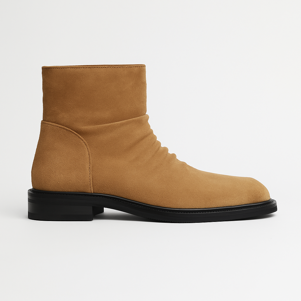Men's black calfskin leather square-toe crease boot with wrinkled texture for city wear