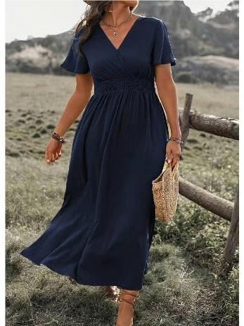 Women's elegant midi dress V-neck regular fit timeless silhouette refined summer style