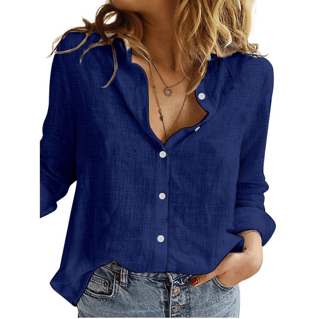 Women's light blue linen-cotton button-down blouse, relaxed fluid cut for effortless everyday layering