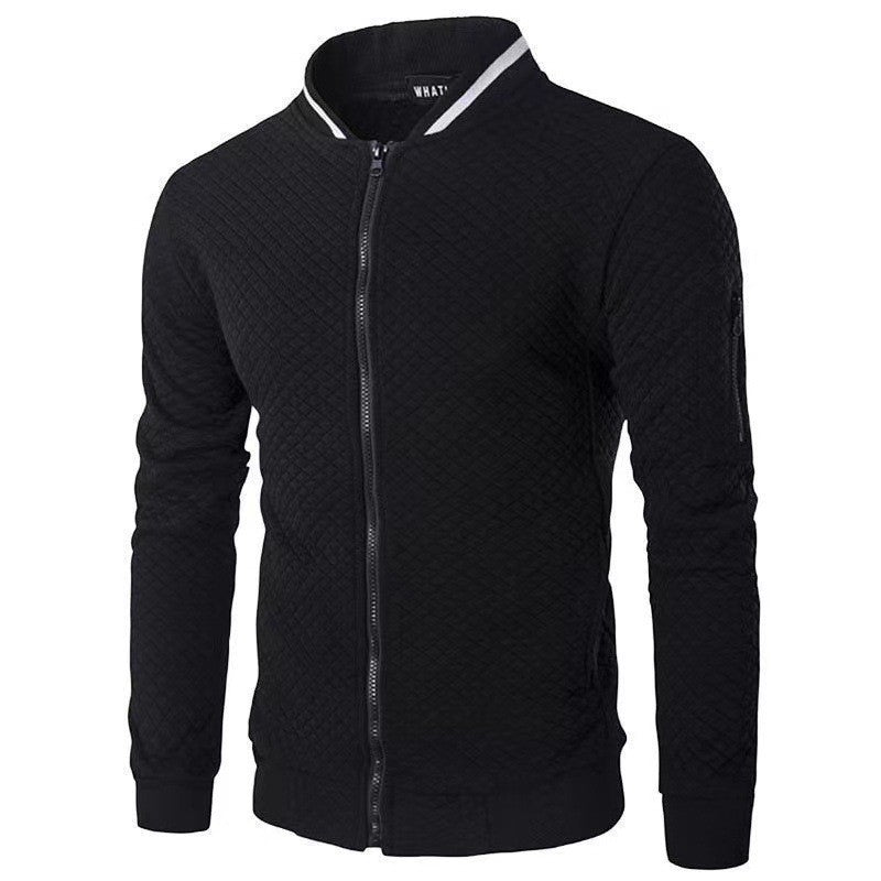 Men's quilted hoodie cardigan navy blue diamond texture slim-fit cozy autumn winter outerwear