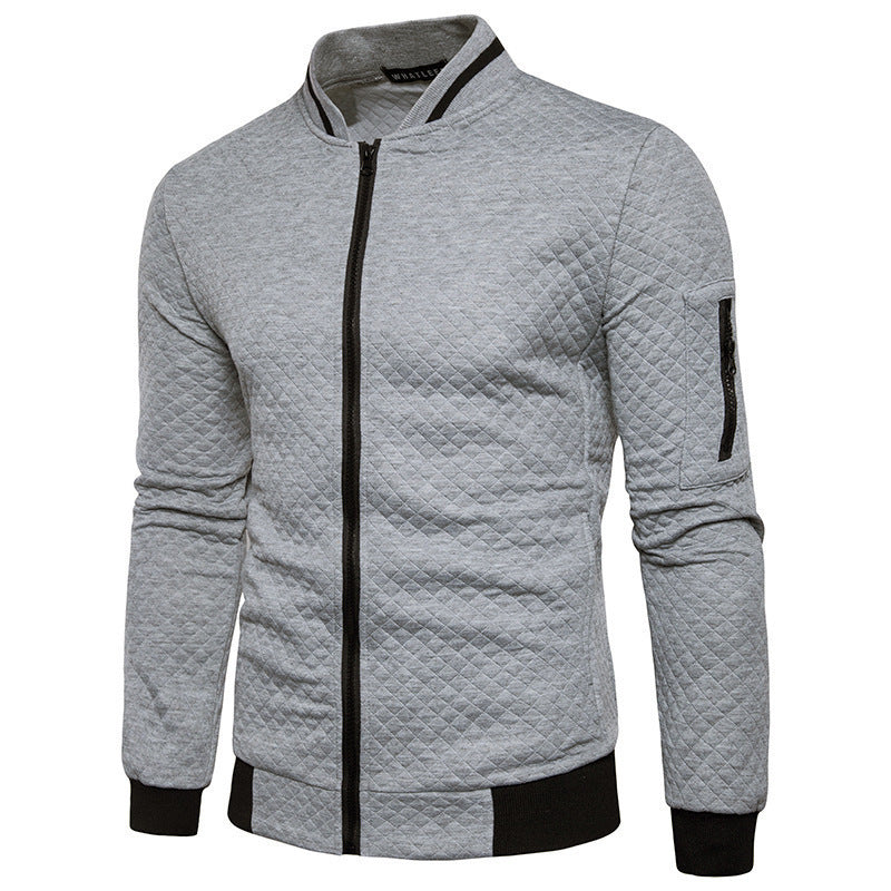 Men's quilted hoodie cardigan navy blue diamond texture slim-fit warm autumn winter outerwear