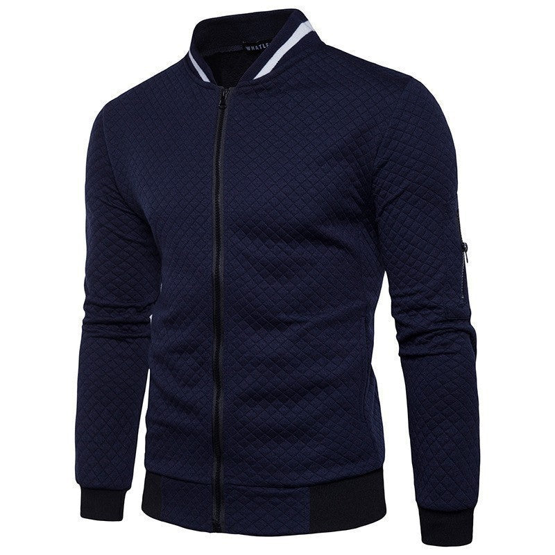 Men's quilted hoodie cardigan diamond texture warm autumn winter outerwear navy blue casual fit