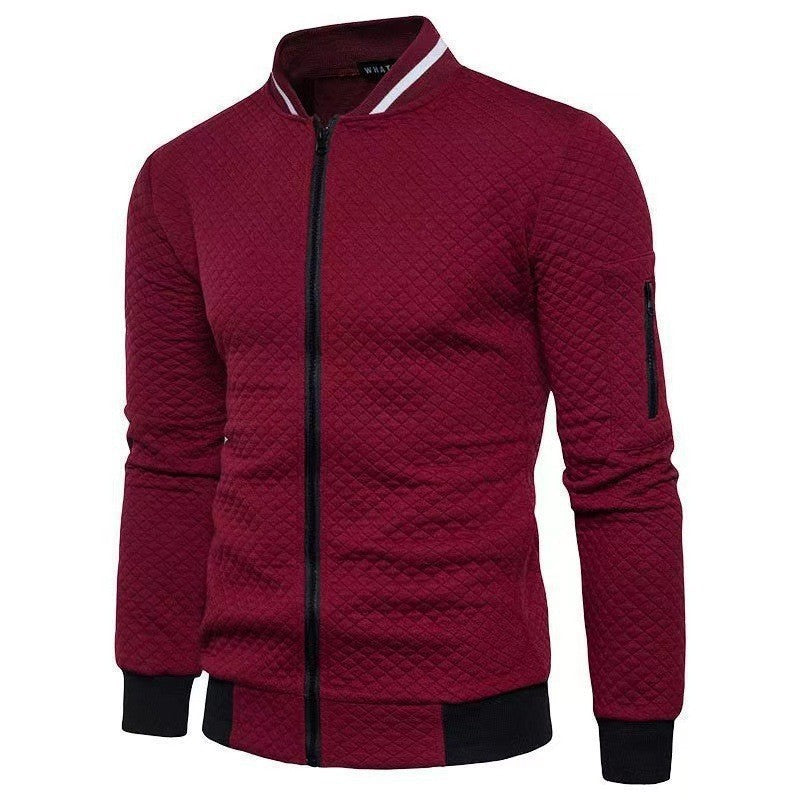 Men's quilted hoodie cardigan navy blue diamond texture slim-fit warm autumn winter outerwear