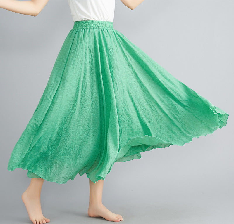 Women's pleated A-line cotton-linen maxi skirt, breathable lightweight fabric with fluid drape