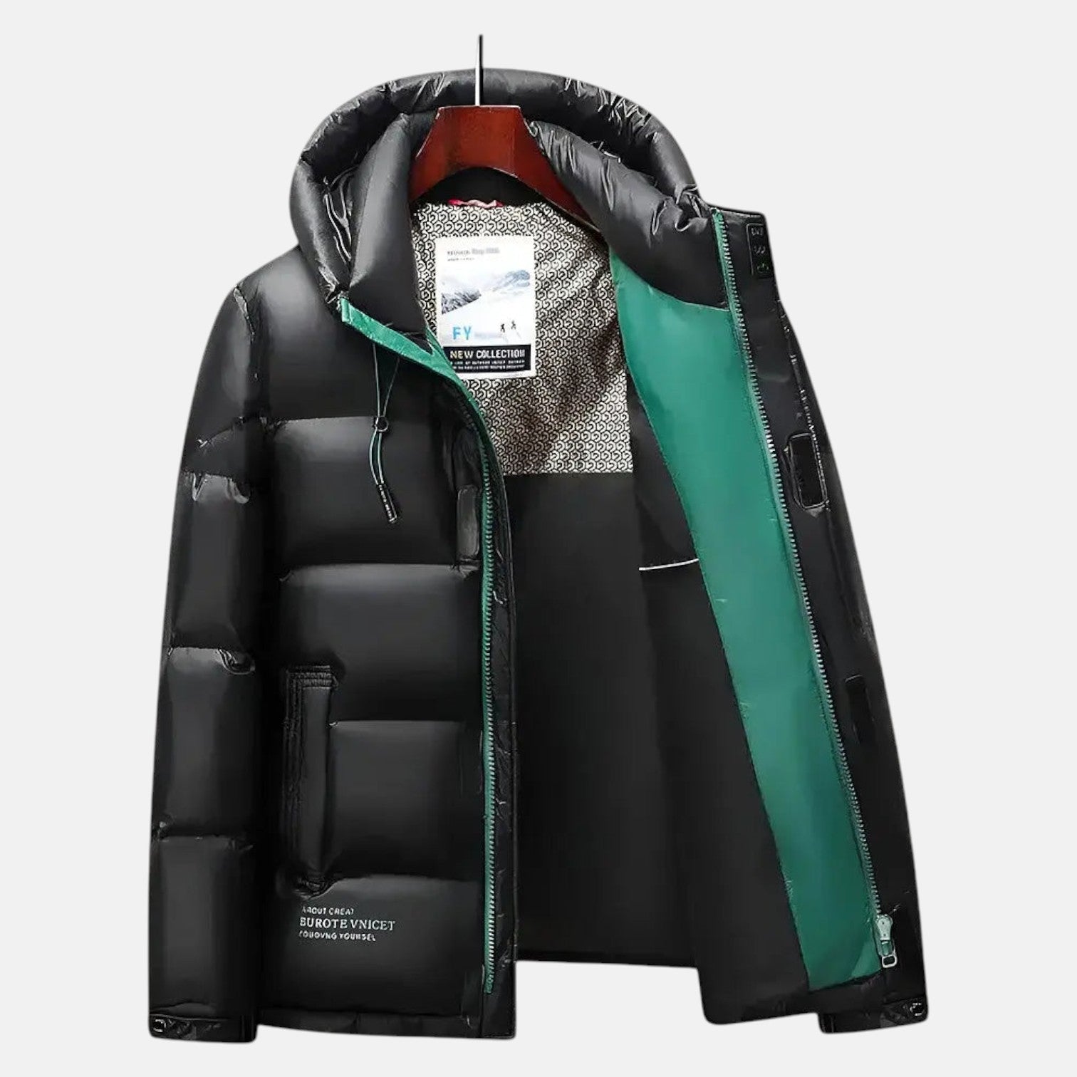 Unisex hooded quilted puffer jacket with zipper closure, drawstrings, premium winter warmth silhouette