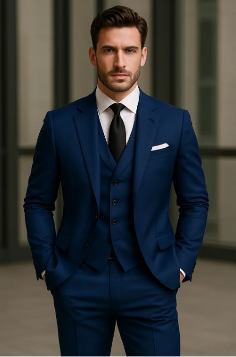 Men's Matteo slim fit three-piece suit with vest, classic elegant cut for business and festive events