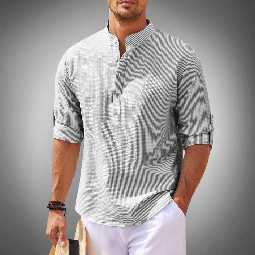 Men's relaxed fit mandarin collar shirt with roll-up sleeves, casual semi-formal versatile style
