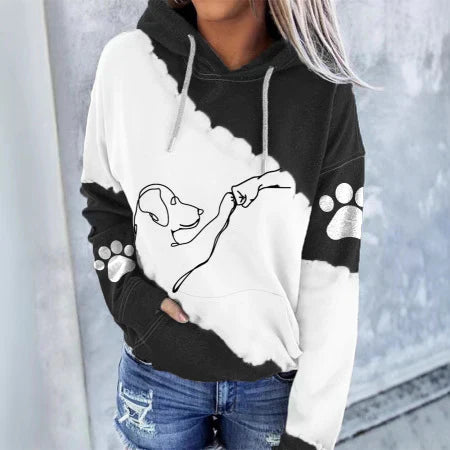 Gray relaxed fit graphic hoodie with dog paw print and hand-dog line art for pet lovers