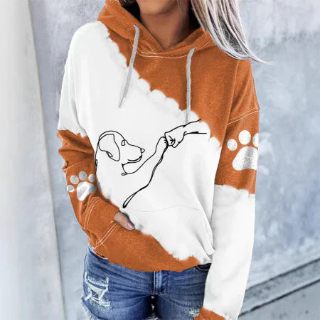 Gray relaxed-fit graphic hoodie with hand-and-dog paw print outline design for dog lovers