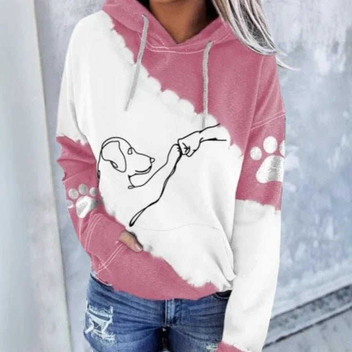 Gray relaxed fit graphic hoodie with dog paw print and hand-dog outline for pet lovers