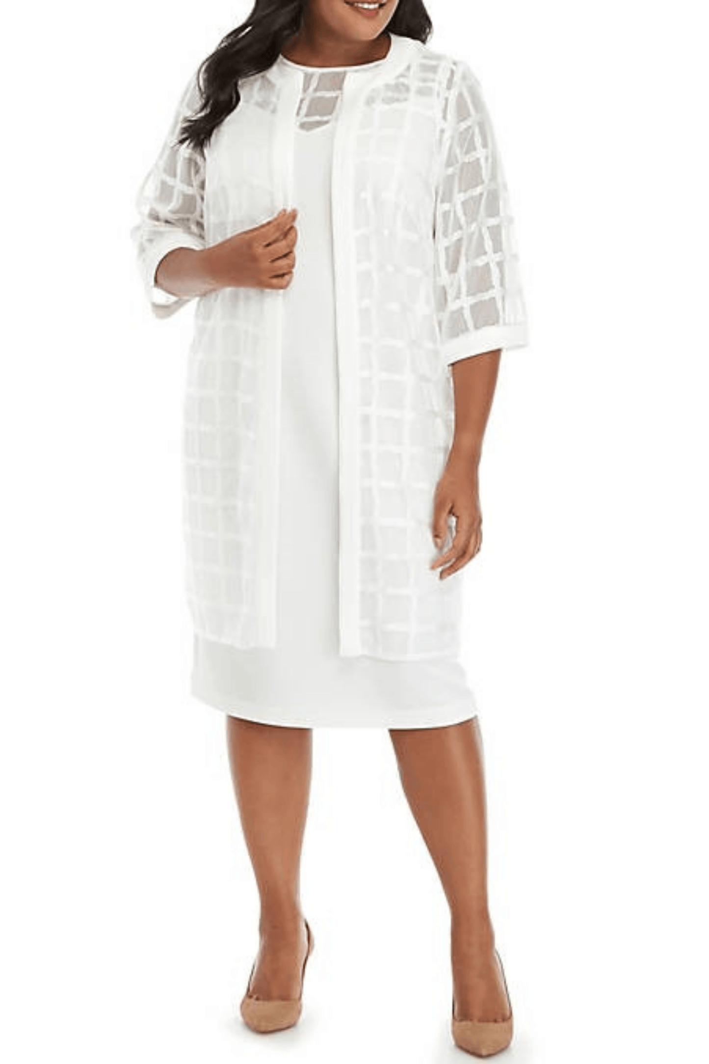 Plus size two-piece jacket dress set, knee-length, textured fabric, 3/4 sleeves, mother of bride formal