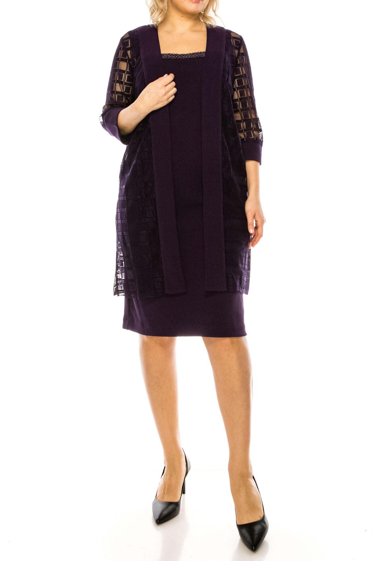 Charcoal grey two-piece jacket dress set with glittering accents, knee-length elegant silhouette
