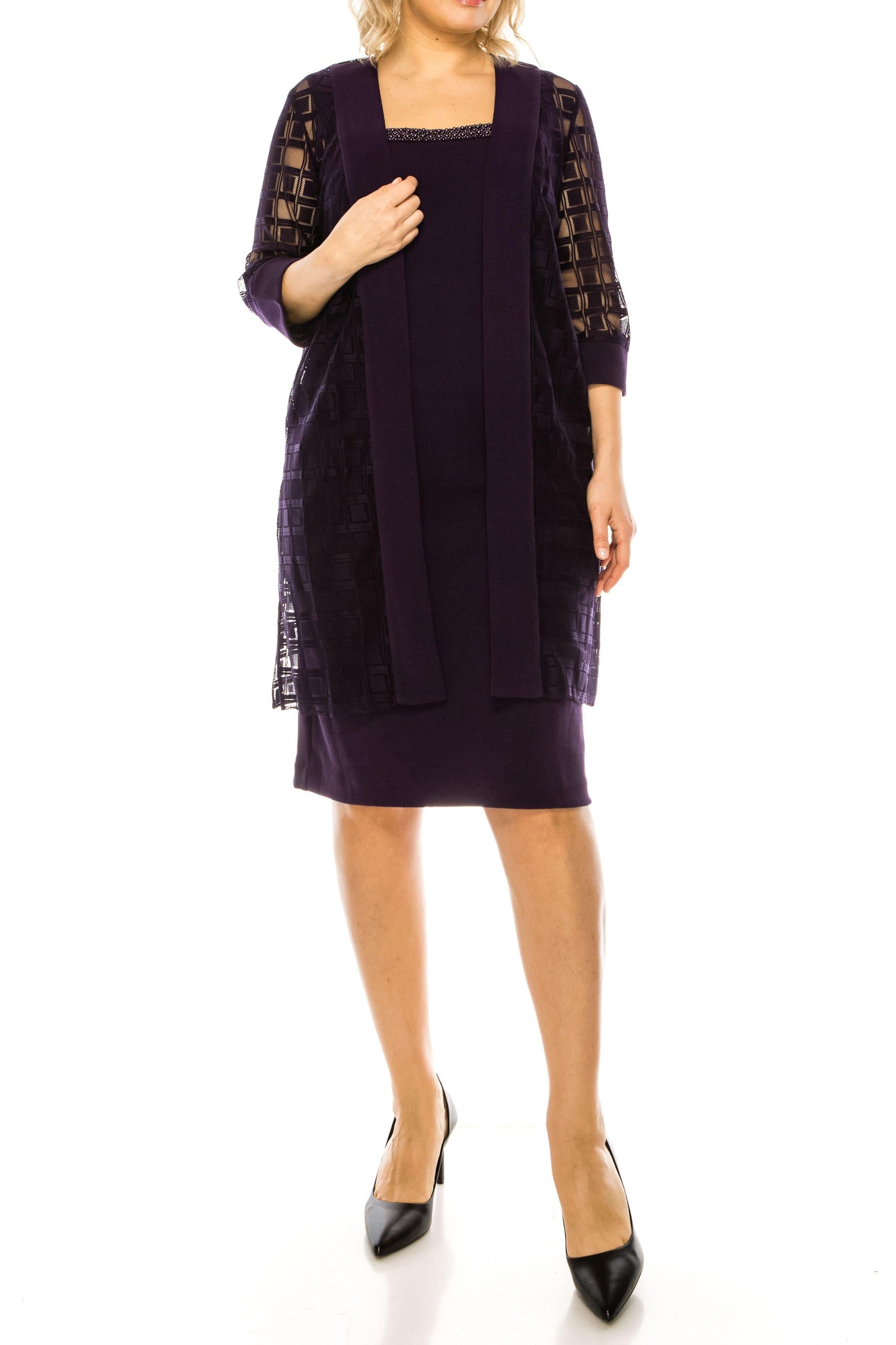 Charcoal grey two-piece jacket dress set with glittering accents, knee-length elegant silhouette