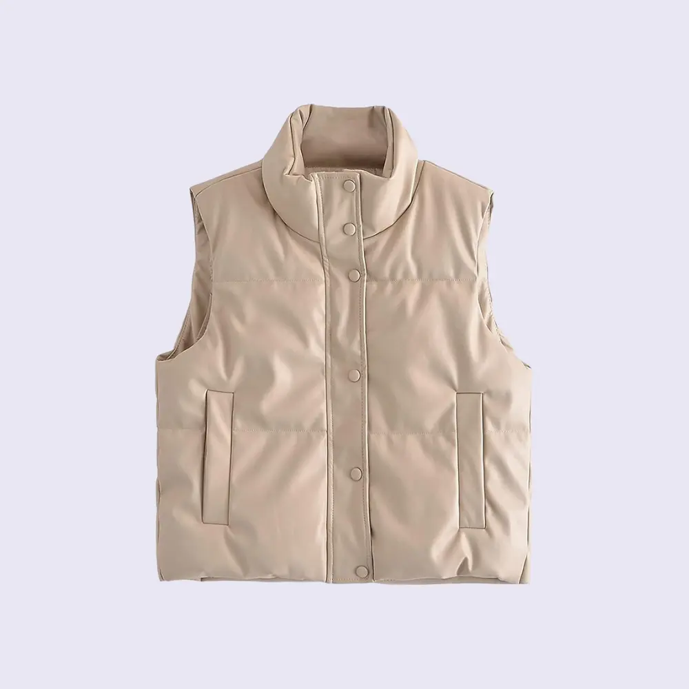Women's black faux leather puffer vest with stand collar, zip closure, sleek lightweight silhouette