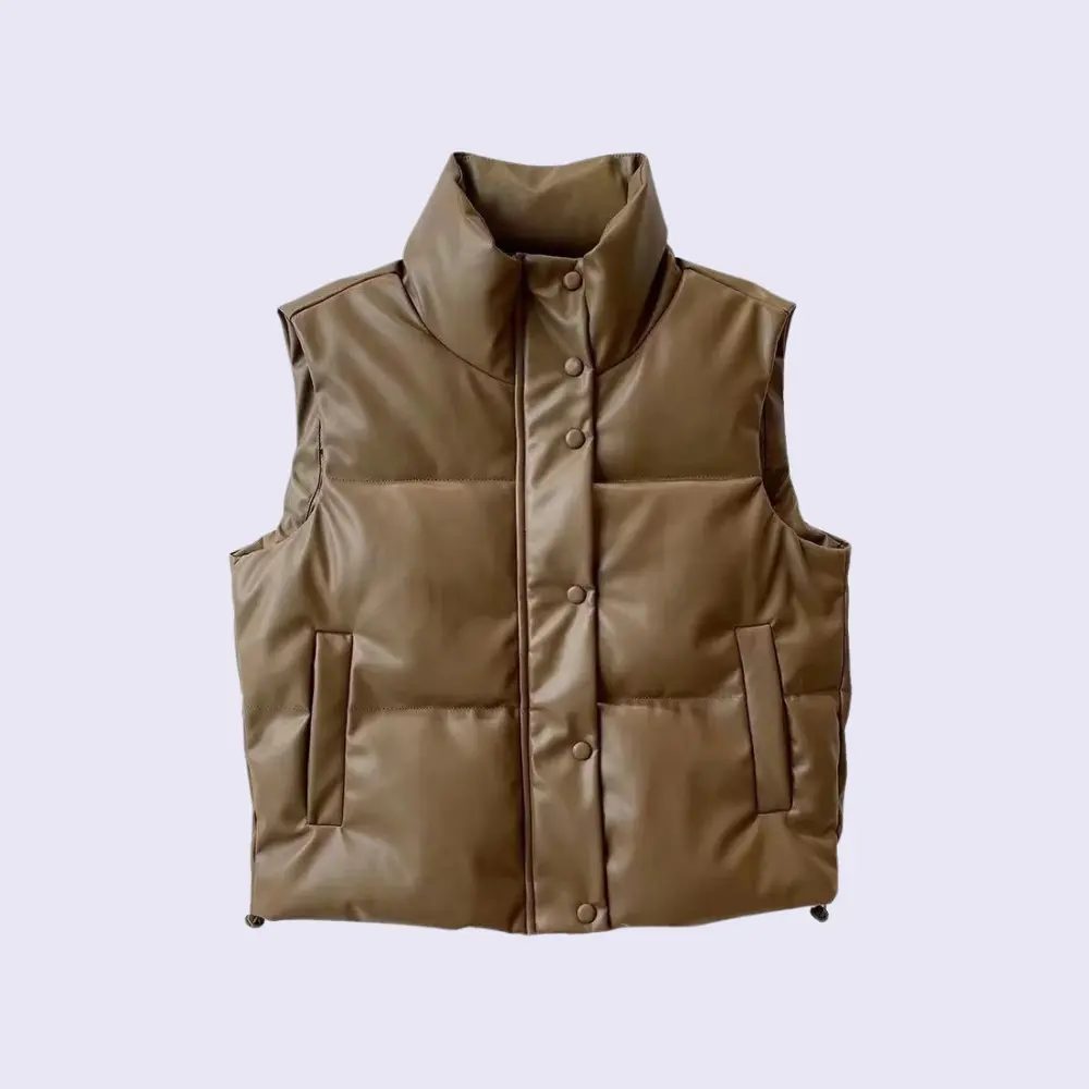 Women's black faux leather puffer vest with stand collar, zip closure, lightweight sleeveless design