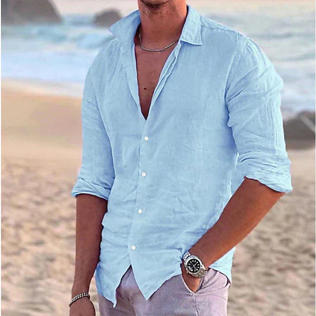 Men's white lightweight linen-blend long sleeve button-up shirt breathable spring summer casual fit