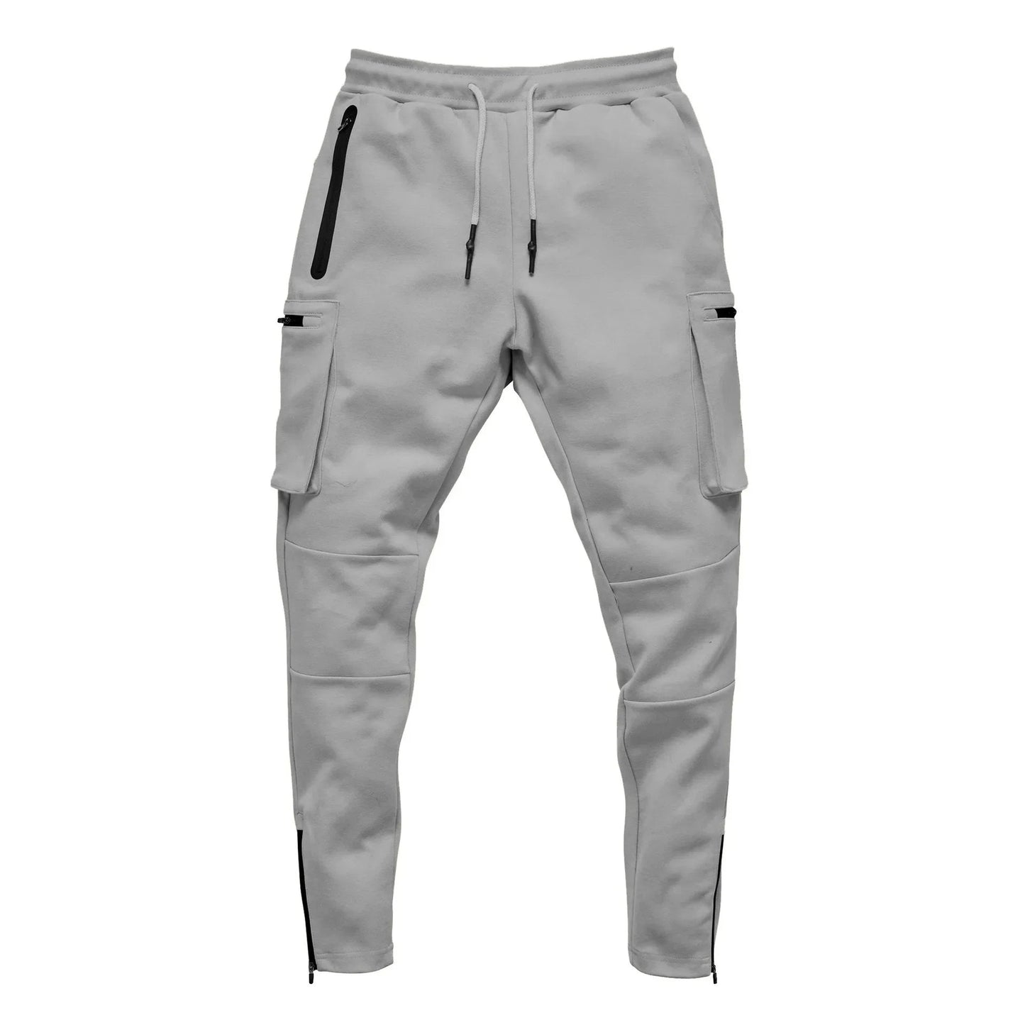 Black tactical cargo joggers with 4-way stretch fabric, zip pockets, and military-inspired slim fit