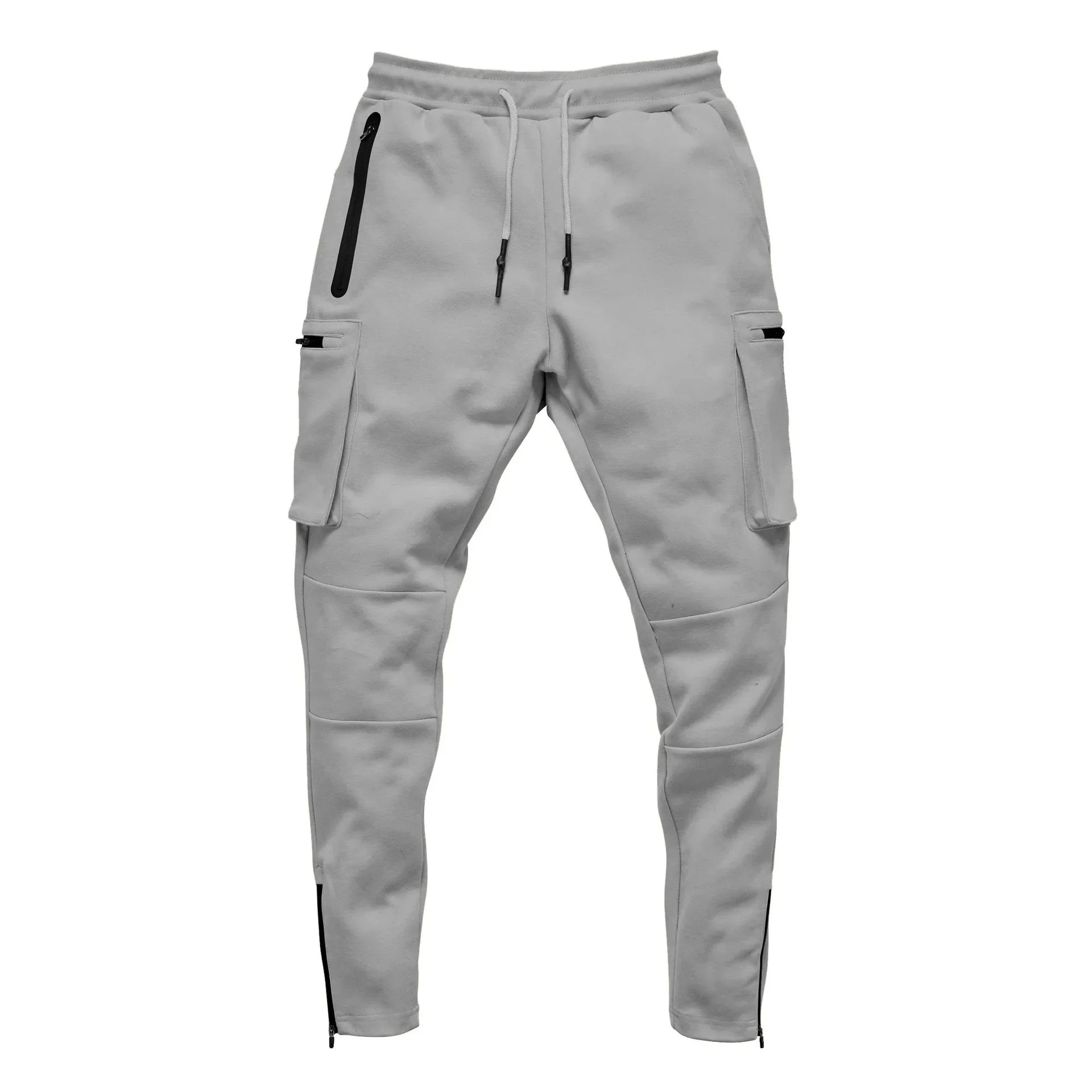Black tactical cargo joggers with 4-way stretch fabric, zip pockets, and military-inspired slim fit