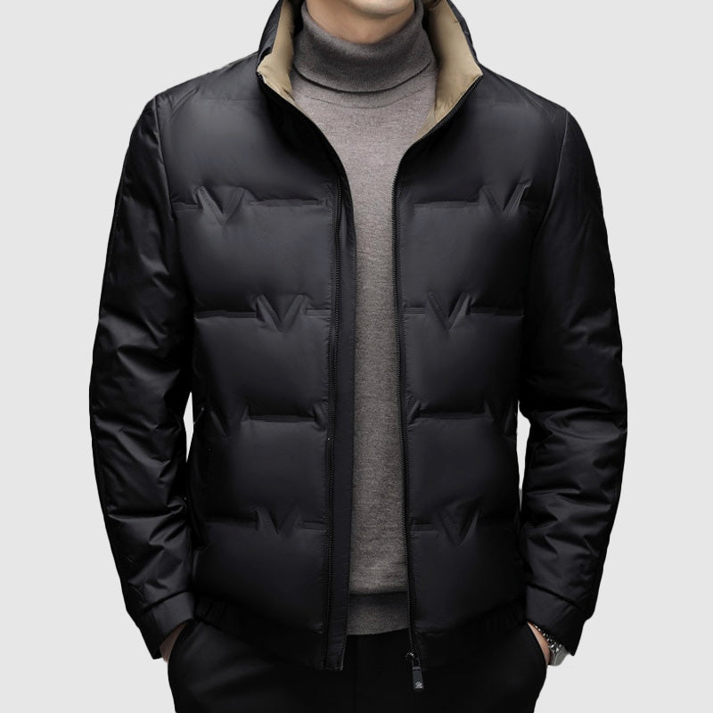 Men's lightweight duck down puffer jacket zip-up coat sleek streamlined design for cold weather