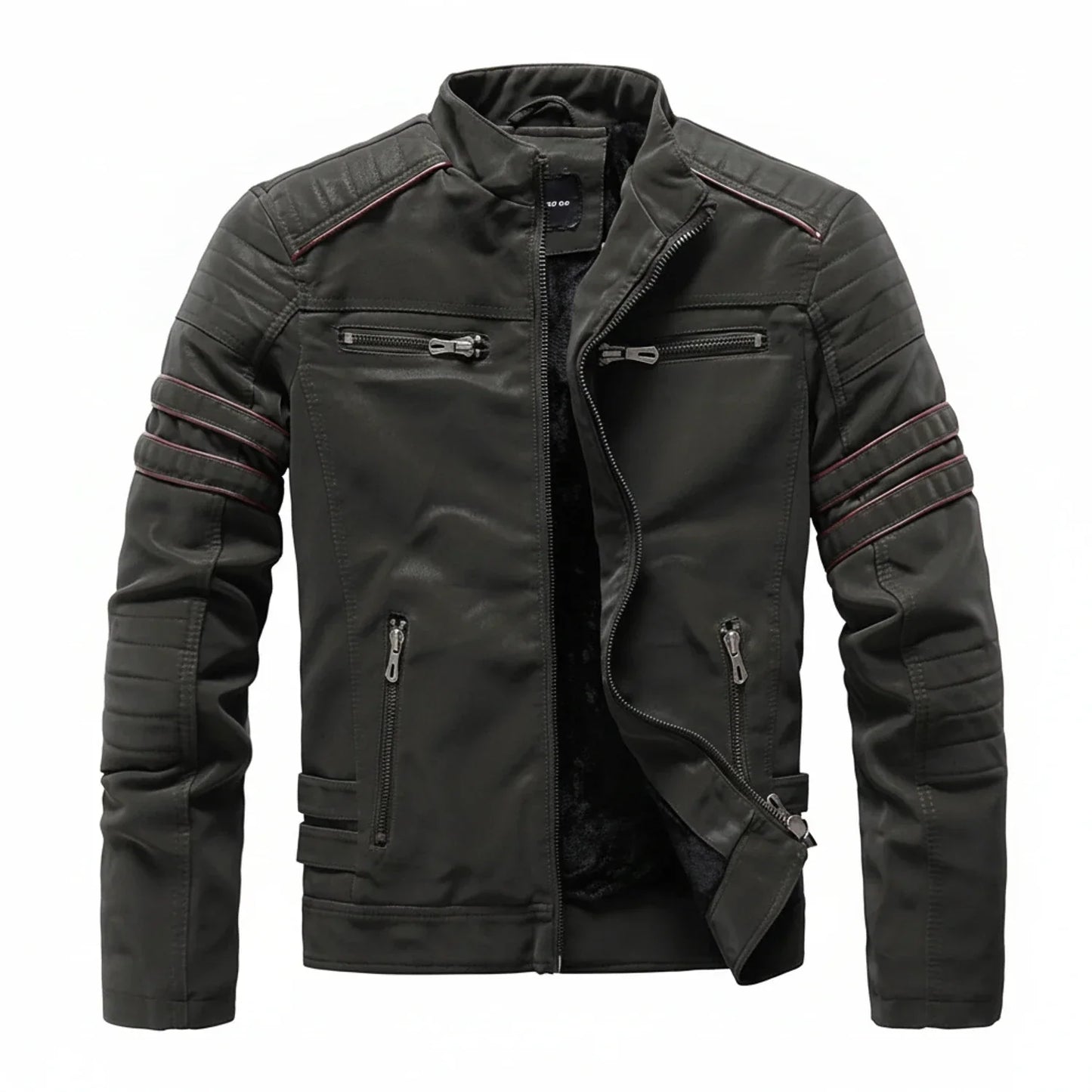 Men's black biker jacket with stand collar and quilted shoulders for urban everyday style